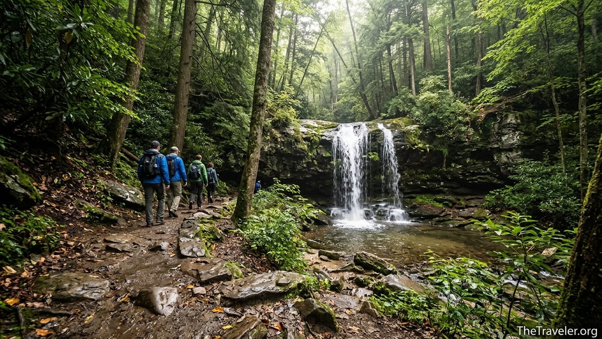 Hikers walk a forest trail toward Grotto Falls style waterfall in Great Smoky Mountains.