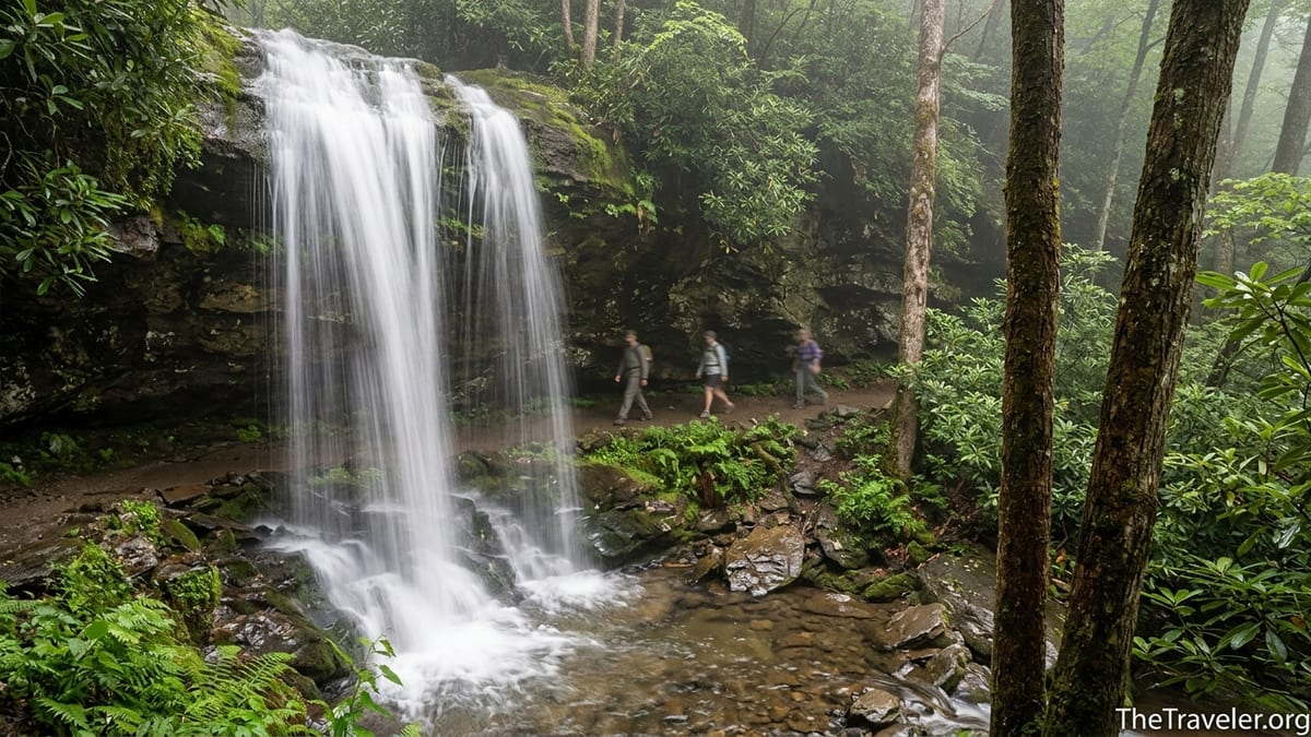 Hikers walking behind the curtain of Grotto Falls on a lush forest trail in Great Smoky Mountains National Park.