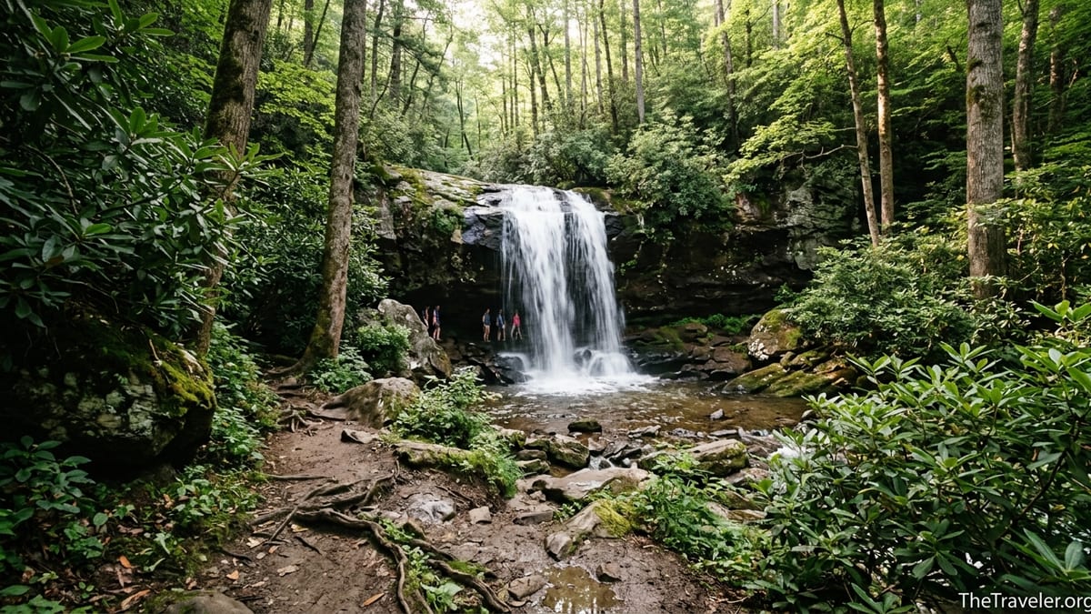 Hikers on the forest trail approaching Grotto Falls in Great Smoky Mountains National Park.