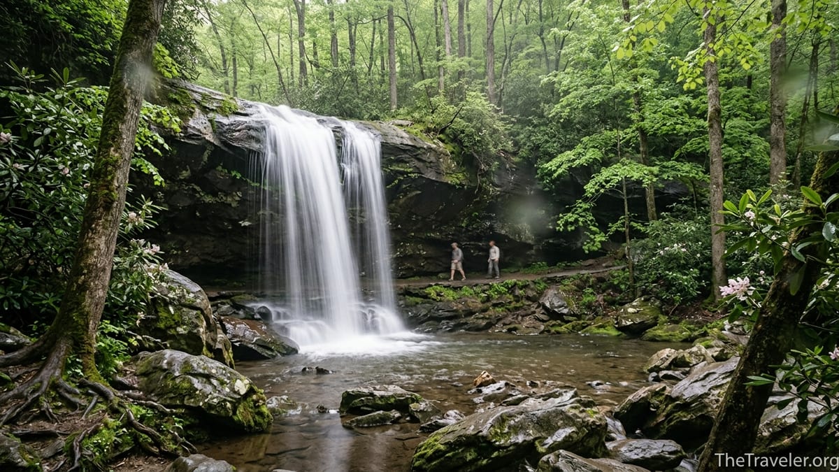 Hikers walking behind Grotto Falls on a lush forest trail in Great Smoky Mountains National Park.