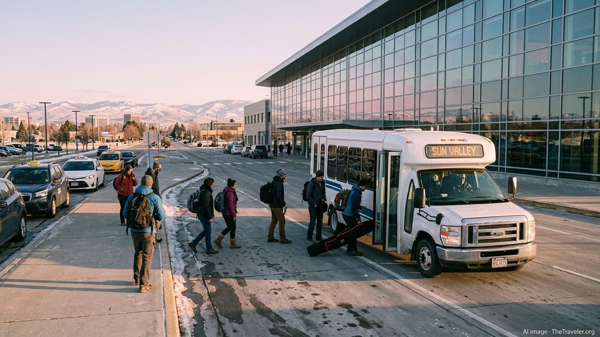 Shuttle bus loading passengers at Boise Airport curb with Idaho mountains in background.