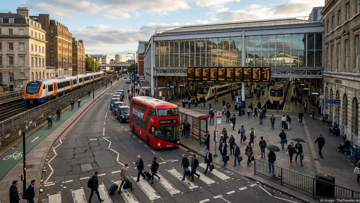 Busy London transport hub with trains, red buses, and black taxis at sunset.