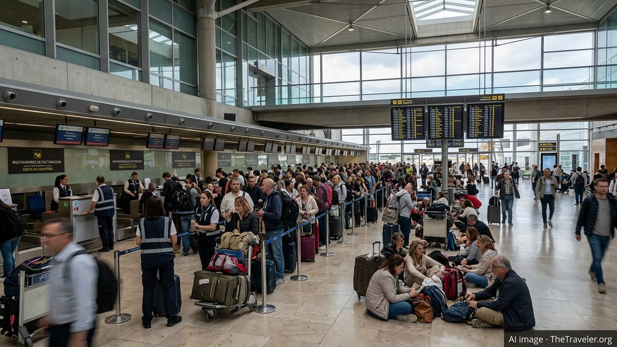 Crowded Spanish airport terminal with long check-in queues and waiting passengers amid a ground staff strike.