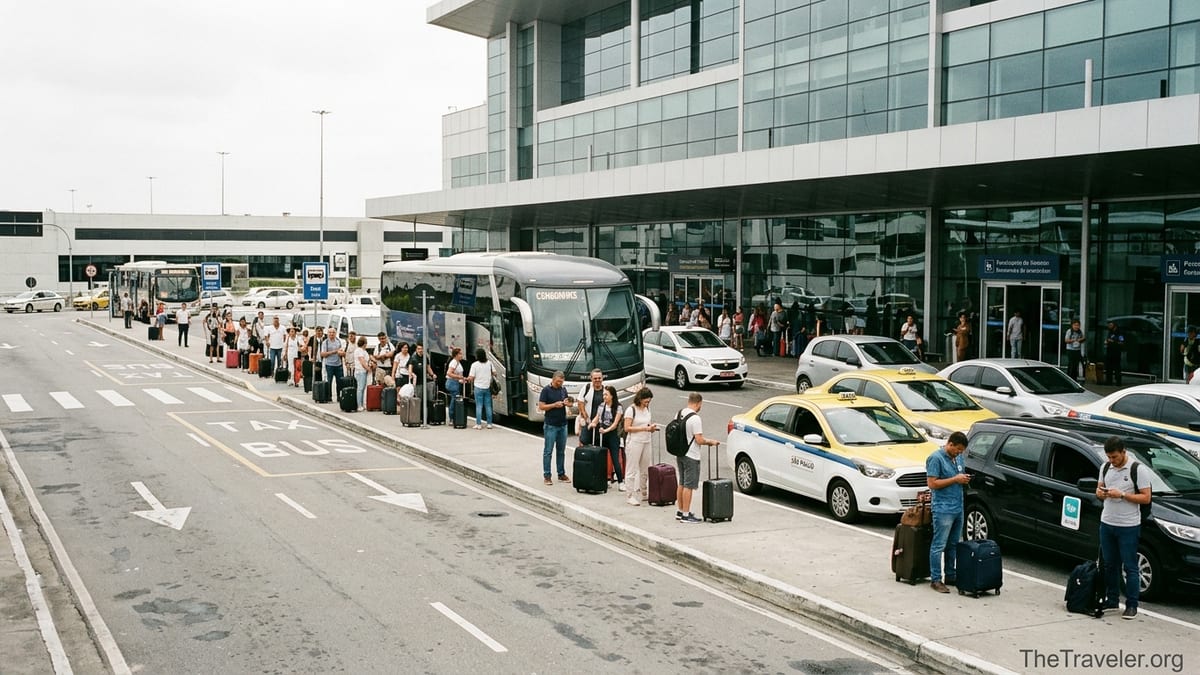 Travelers waiting at Guarulhos Airport curb for bus and taxis to Congonhas in São Paulo.