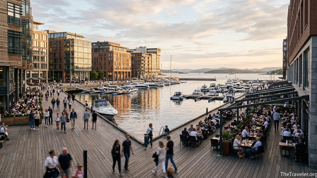 Oslo’s Aker Brygge waterfront with busy boardwalk, restaurants and marina at sunset.
