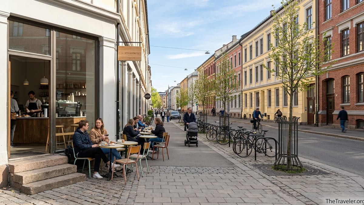 Street cafe scene on a sunny afternoon in Grünerløkka, Oslo, with people drinking coffee and walking along colorful buildings