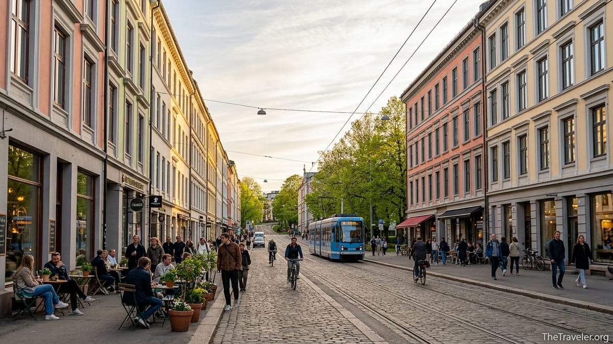 Lively spring evening on a cafe-lined street in Grünerløkka, Oslo, with trams, pedestrians and colorful buildings.