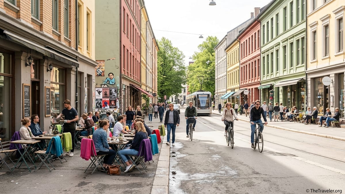 Busy summer street in Oslo’s Grünerløkka with cafés, tram and colorful buildings.