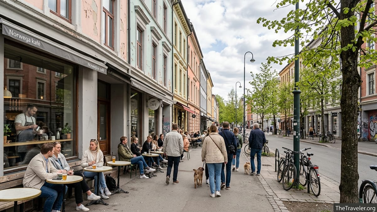 Busy café-lined street in Grünerløkka, Oslo with people eating outdoors on a sunny day.