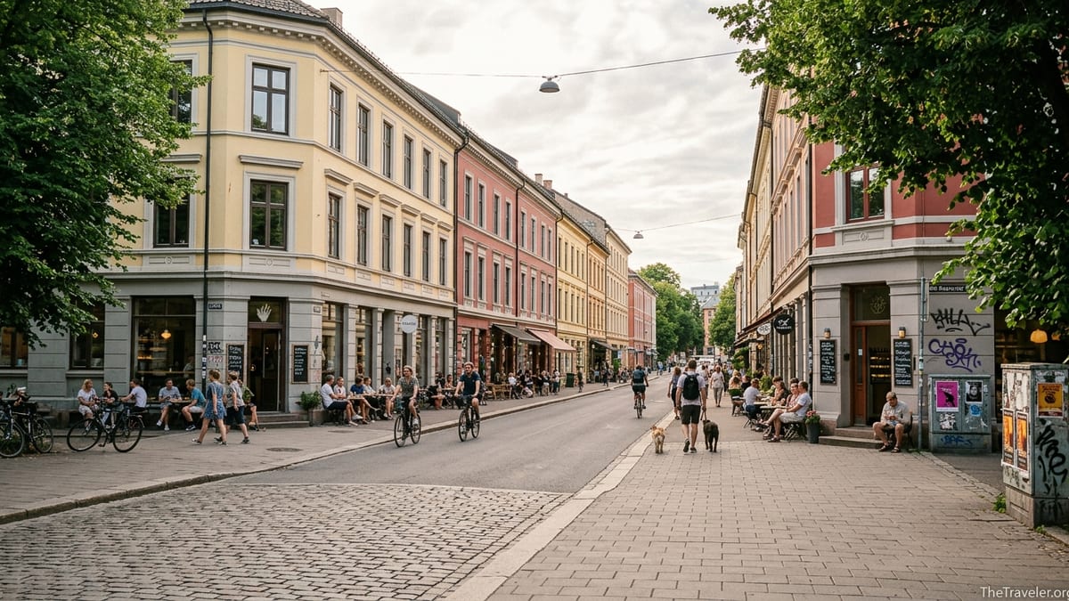 Street scene in Grünerløkka, Oslo, with cafes, trees and people on a summer afternoon.