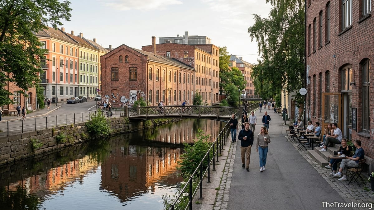 Akerselva river and side streets near Grünerløkka in Oslo on a calm summer evening.