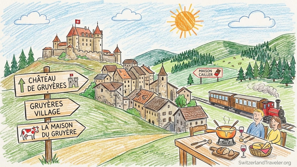 Belle Époque GoldenPass train passing near Gruyères village and castle in the Swiss pre Alps.