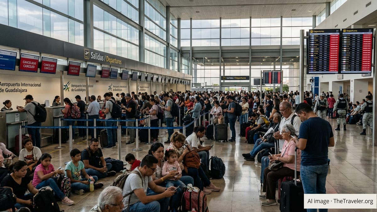 Crowded departure hall at Guadalajara Airport with stranded travelers and canceled flights on screens.