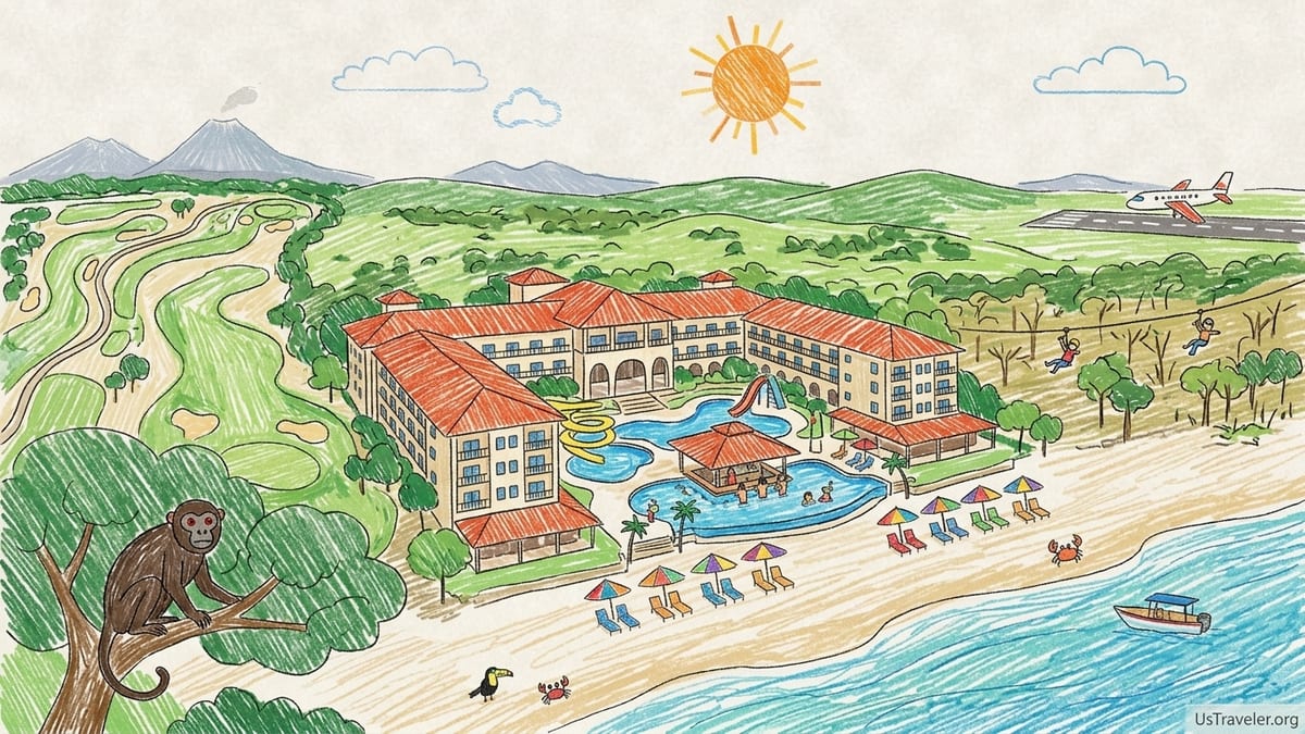 Aerial view of all-inclusive beach resorts and golf course along Costa Rica’s Guanacaste coast at sunset.