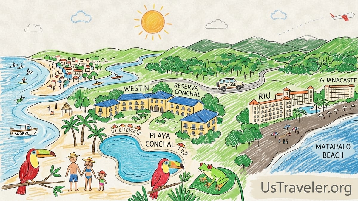Aerial view of Guanacaste all-inclusive resorts along Costa Rica’s Pacific coast at sunset.