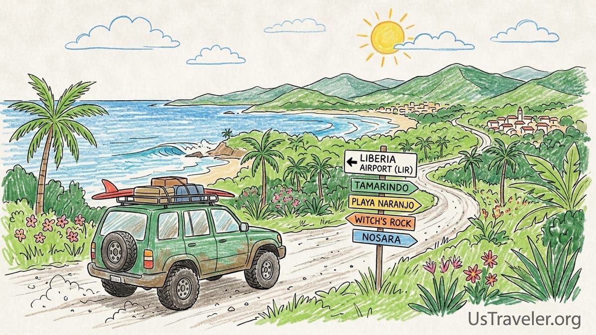 4x4 SUV driving a dusty coastal road near a beach in Guanacaste, Costa Rica.