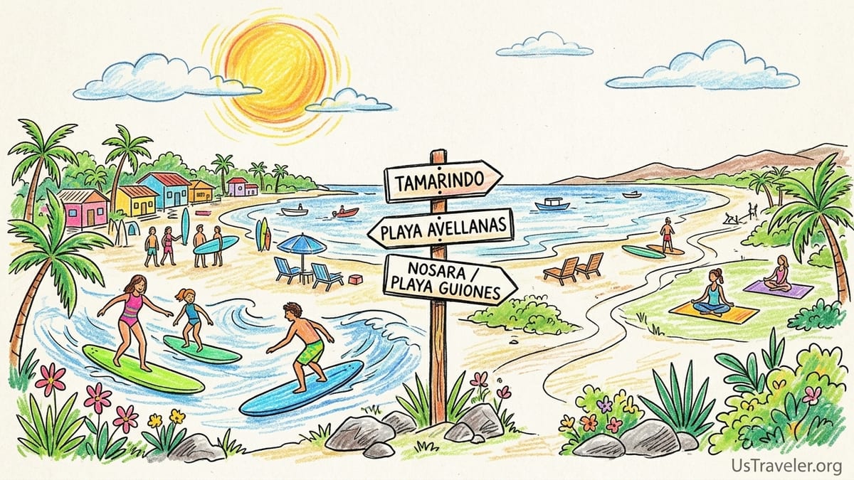 Surfers catching sunrise waves at a sandy beach in Nosara, Costa Rica.