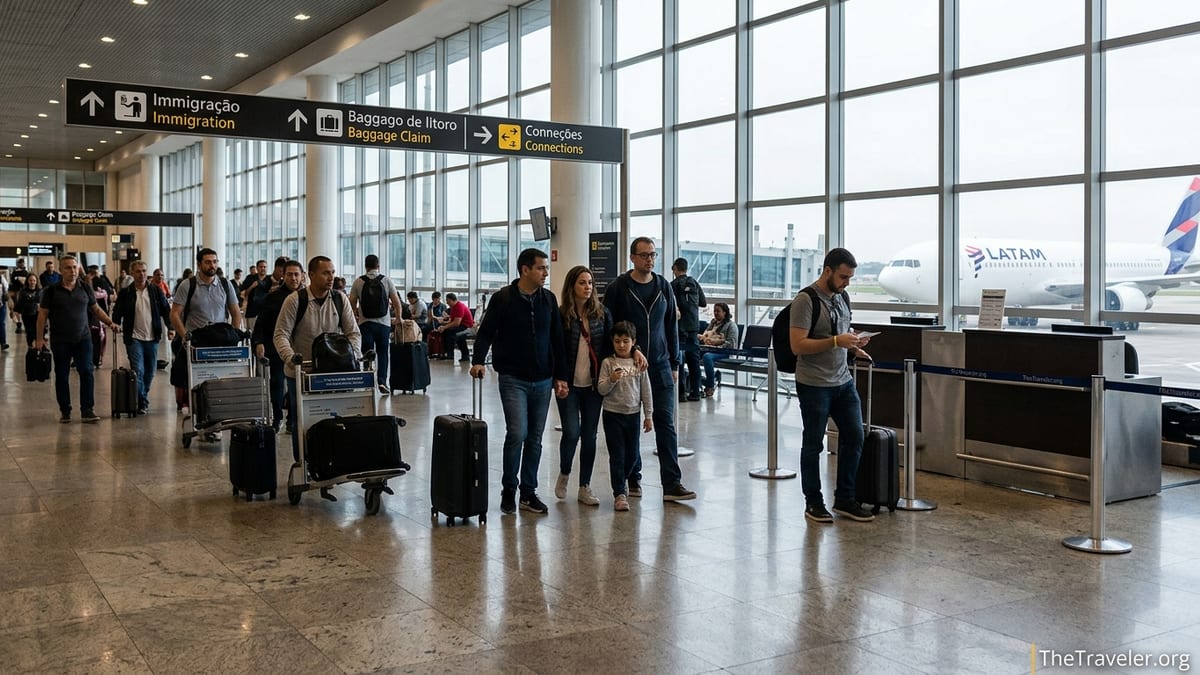 Travelers walking through São Paulo Guarulhos Airport Terminal 3 following signs to connections and baggage claim.