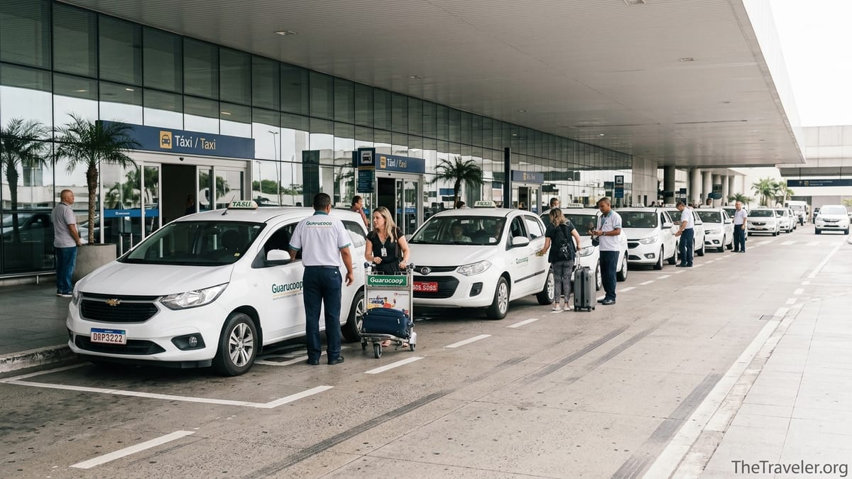 Arriving passengers at Guarulhos Airport lining up for official Guarucoop taxis outside the terminal.
