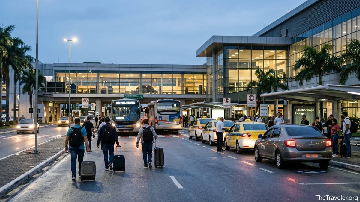 Travelers outside Guarulhos Airport choosing between bus, taxi and rideshare to São Paulo.