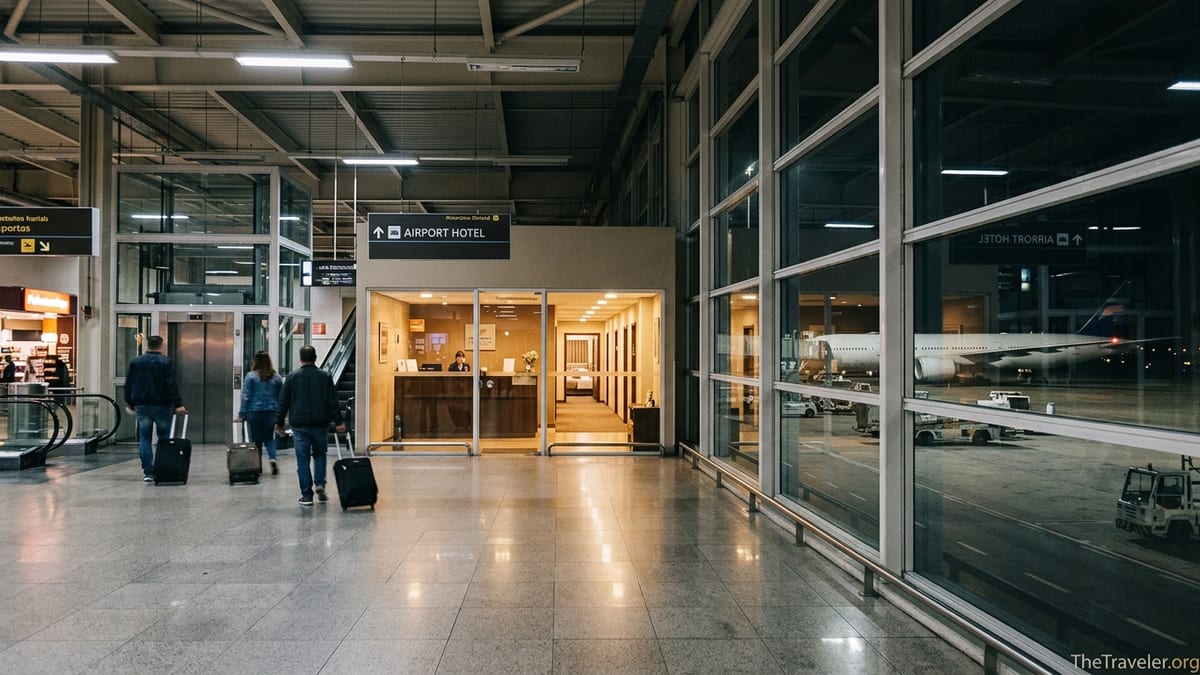 Nighttime interior of Guarulhos Airport with signs to in-terminal hotel and distant aircraft outside windows.