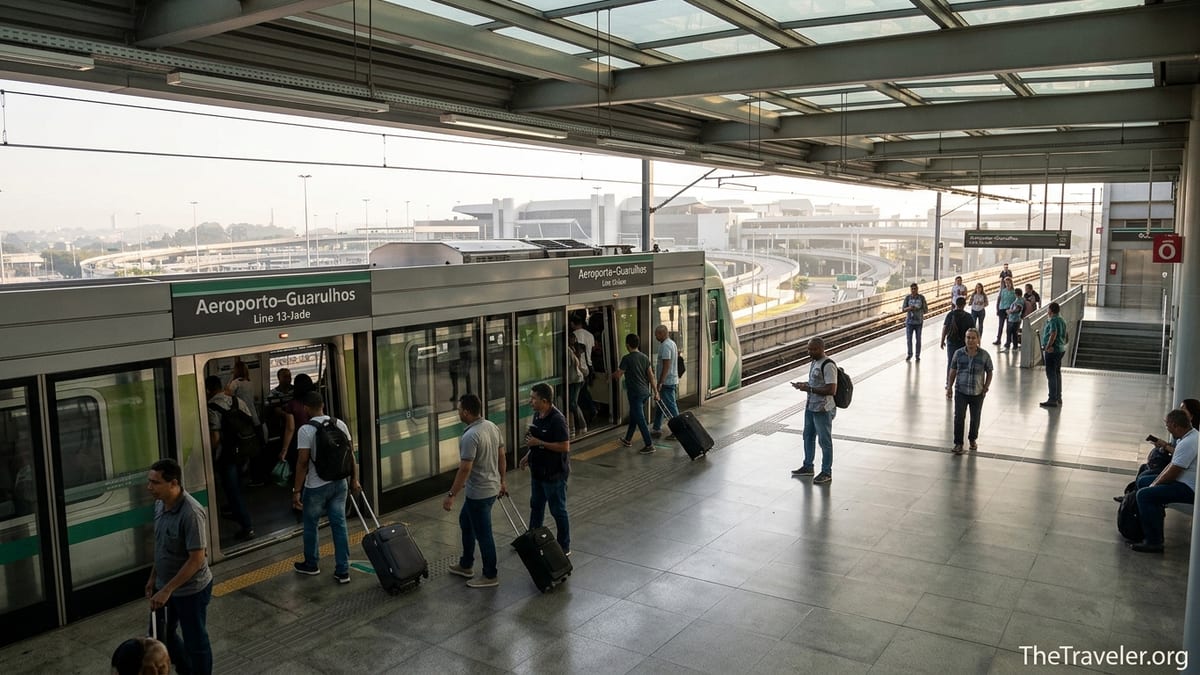 Passengers with luggage boarding a CPTM Line 13-Jade train at Aeroporto–Guarulhos station in São Paulo.
