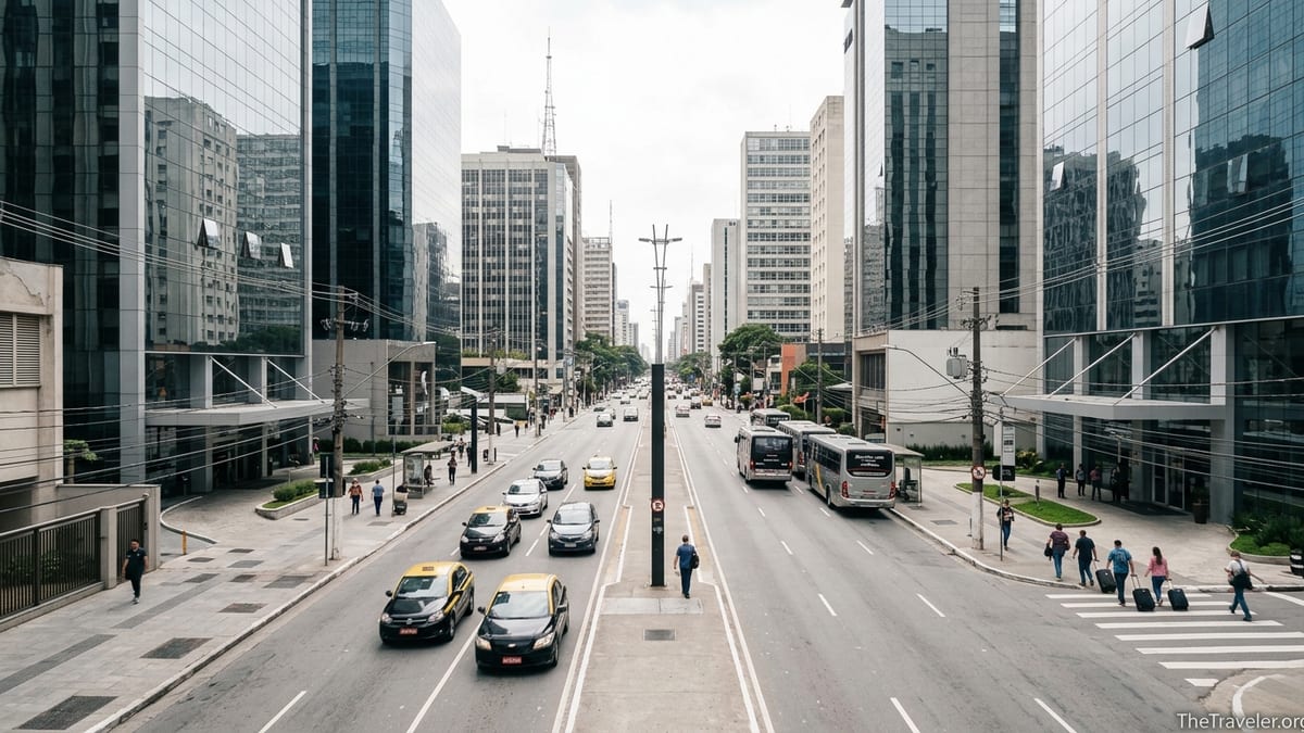 Business travelers with suitcases arriving by taxi on São Paulo’s Avenida Paulista near hotels and offices.