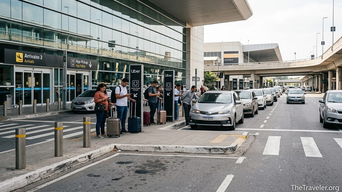 Travelers waiting at Uber pickup totems outside Guarulhos Airport Terminal 2.