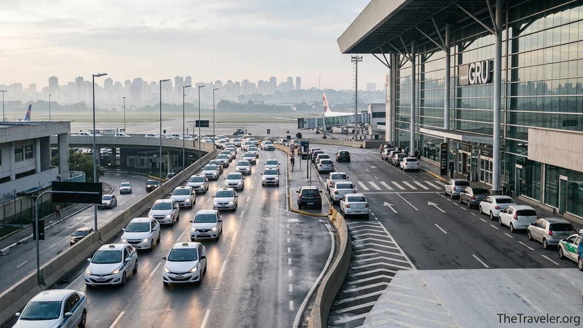View of São Paulo Guarulhos Airport terminal and access road crowded with cars at dawn.