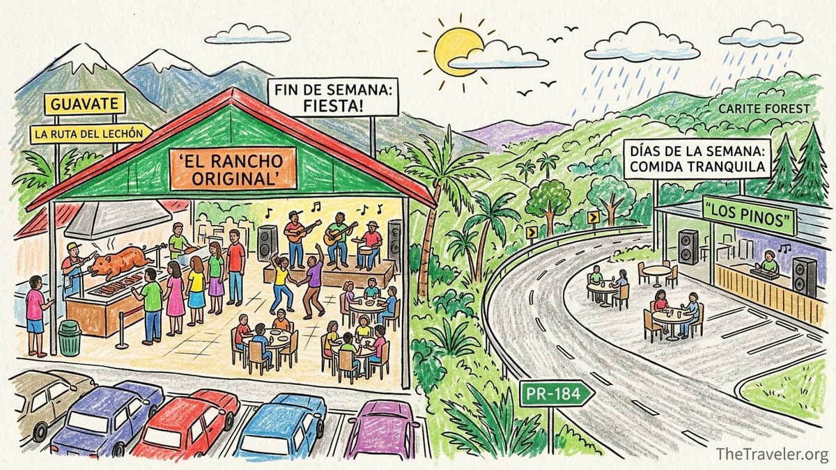 Weekend crowd at a Guavate lechonera in Puerto Rico’s Cayey mountains