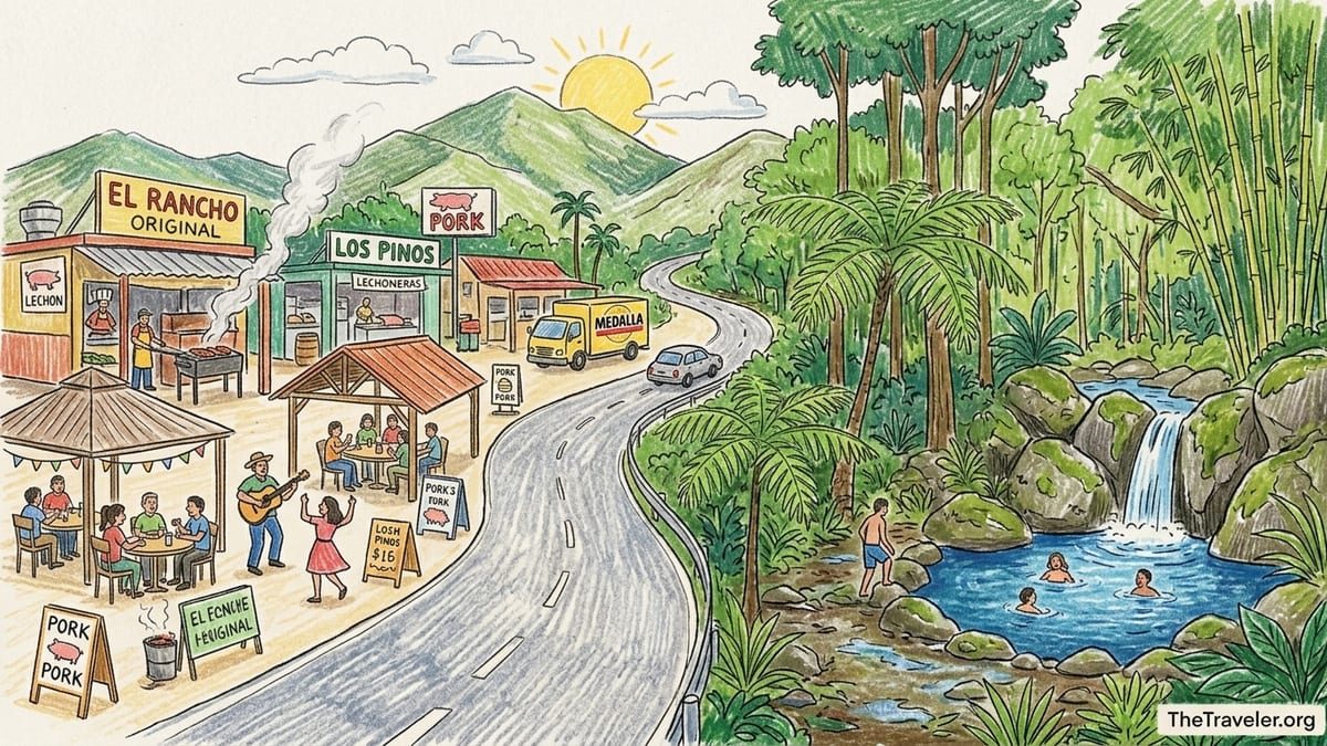 Guavate lechonera on Puerto Rico’s Pork Highway with Cayey mountains in the background