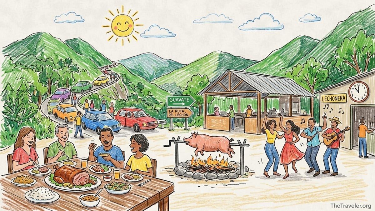 Open-air lechoneras along Puerto Rico’s Guavate Pork Highway with families eating amid green mountain scenery.