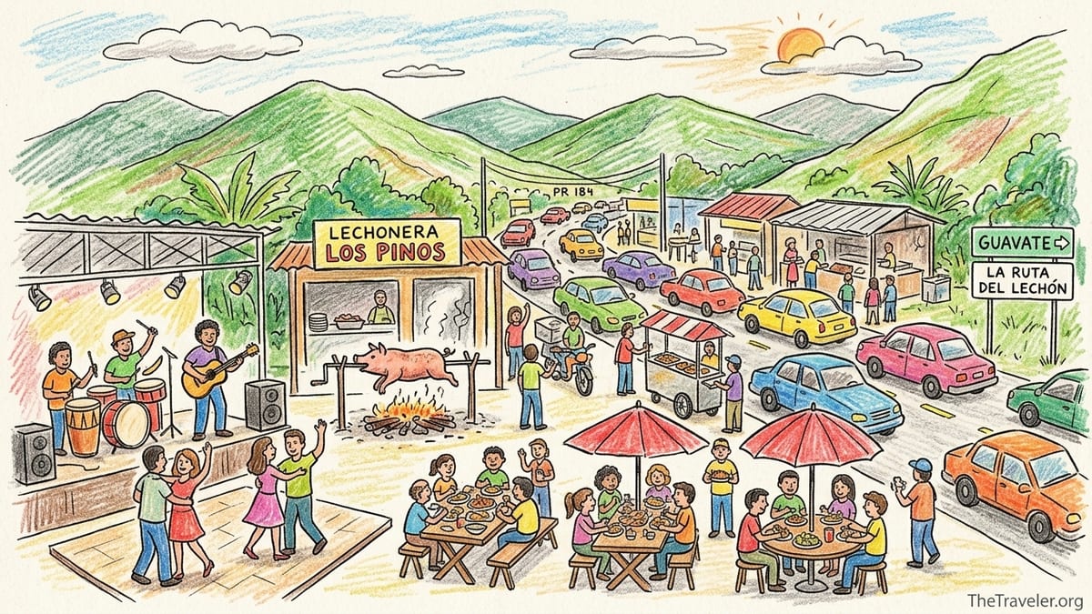 Crowded open air lechonera in Guavate with live salsa band and people dancing