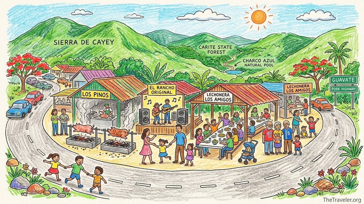 Families with children eating at an outdoor lechonera in Guavate with roasting pigs and mountain views.