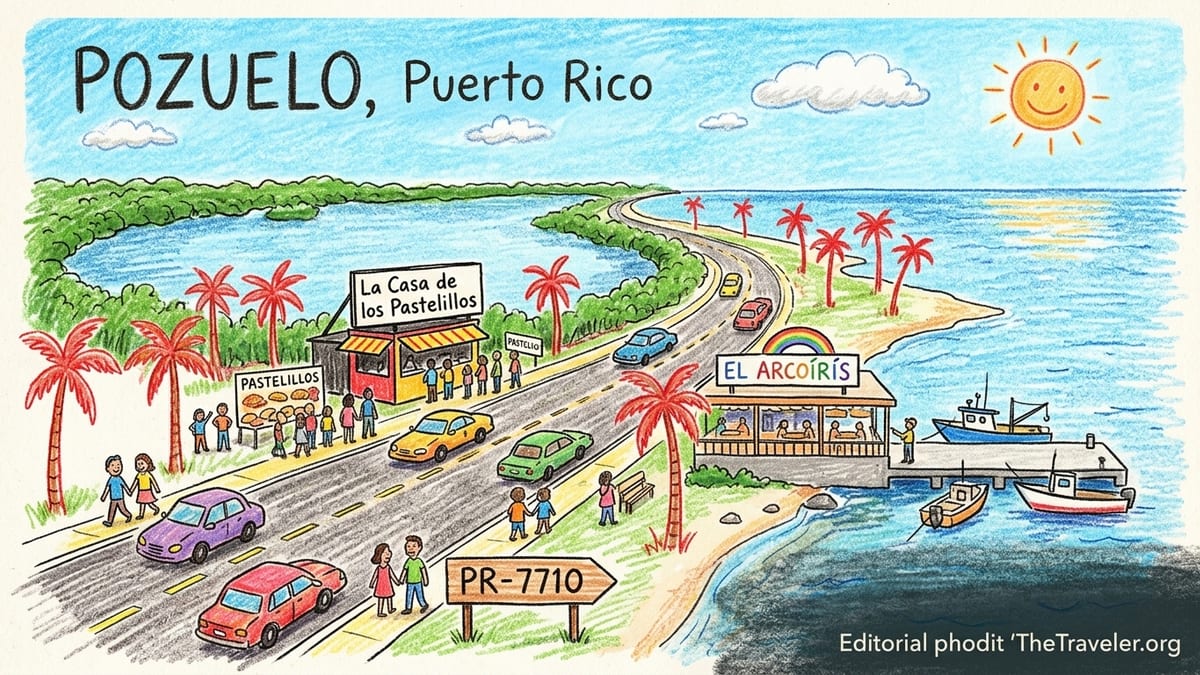 Seafood kiosks and restaurants along Guayama’s PR-7710 coastal road facing Jobos Bay.