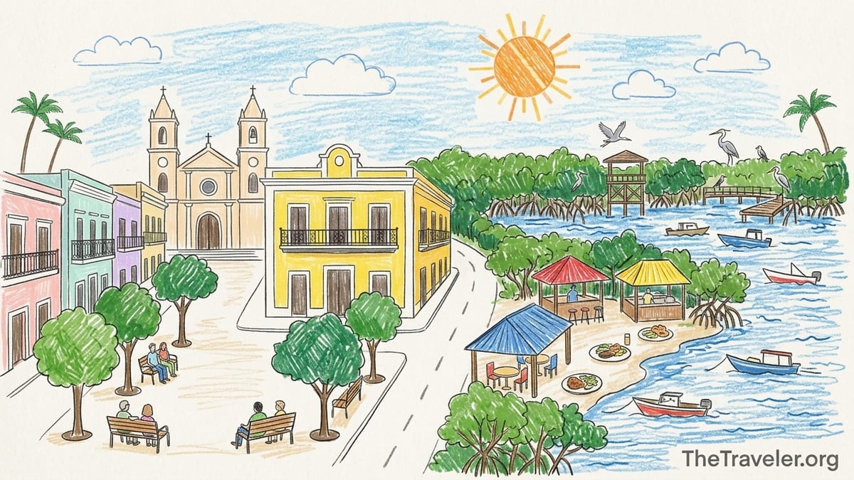 Coastal seafood restaurants and mangroves along the waterfront road in Guayama, Puerto Rico