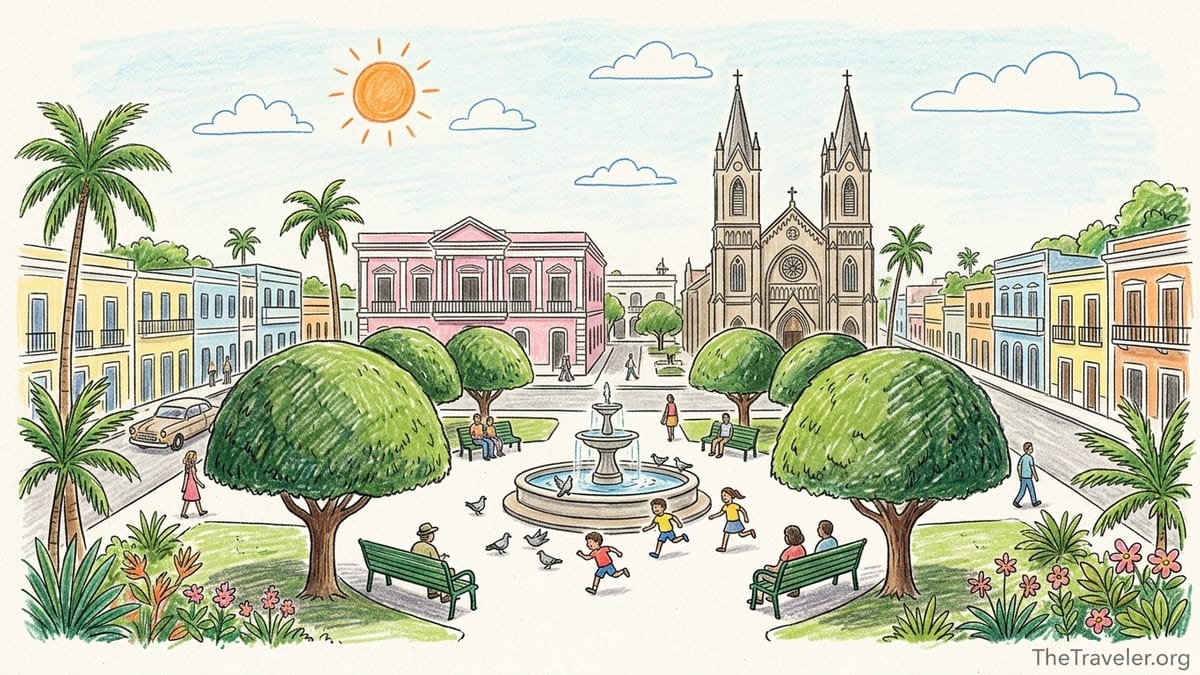 Plaza de Recreo Cristóbal Colón in Guayama with laurel trees, church and historic buildings around the square.