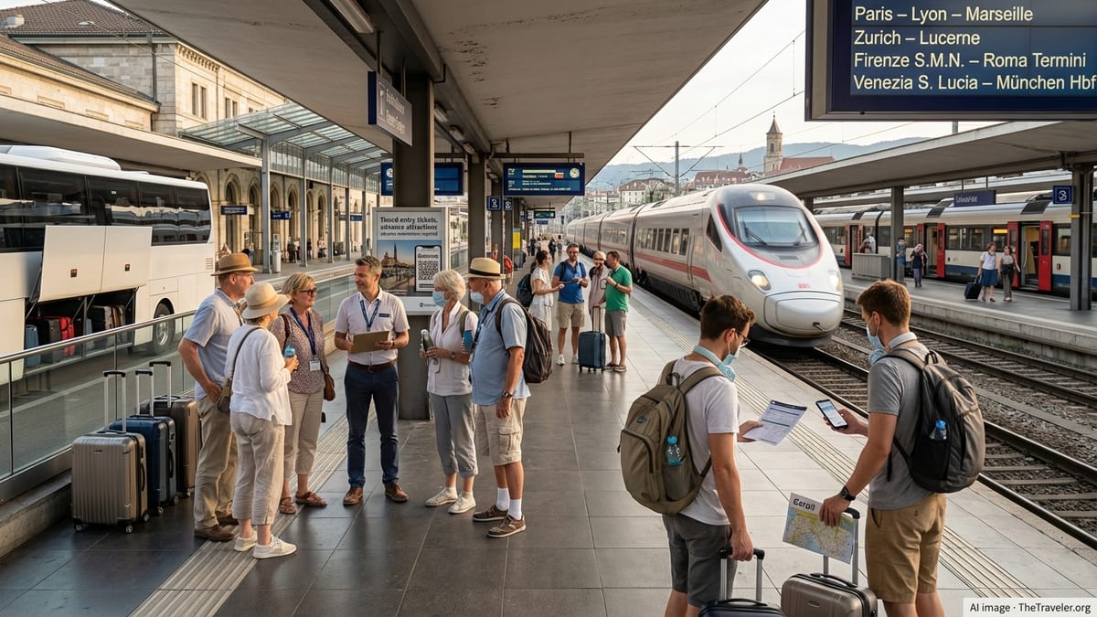 Guided tour group and independent travelers waiting at a busy European train station.