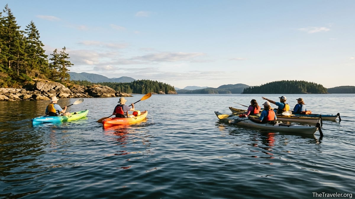 Kayakers on a calm coastal bay at sunset, some following a guide and others paddling independently.