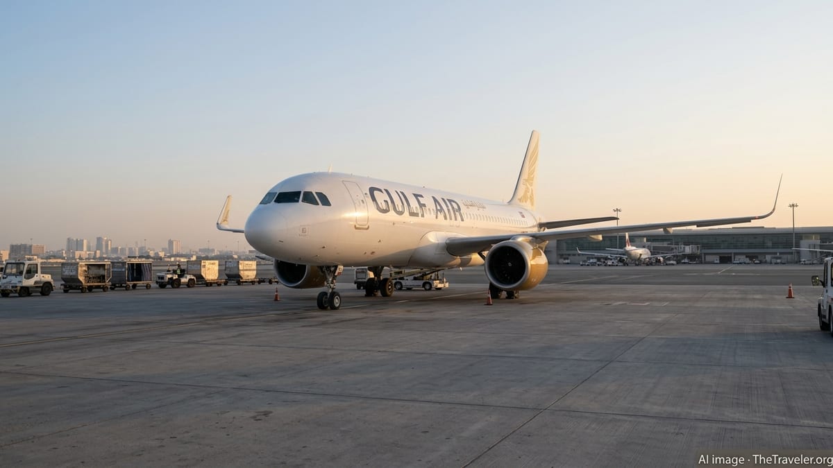 Gulf Air jet on a Gulf-region airport tarmac at dusk with ground vehicles nearby.