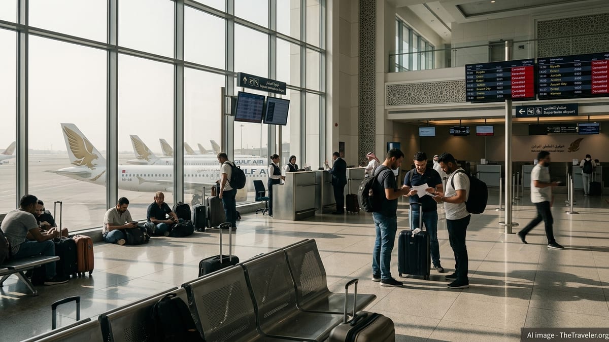 Stranded passengers waiting in Bahrain International Airport with Gulf Air flights cancelled.