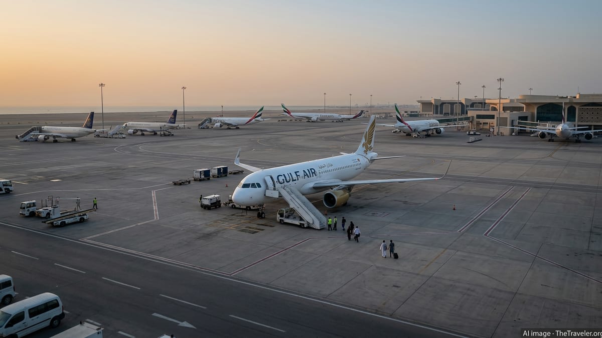 Gulf Air aircraft on the tarmac at Dammam airport under hazy morning light as flights bypass closed Bahrain airspace.