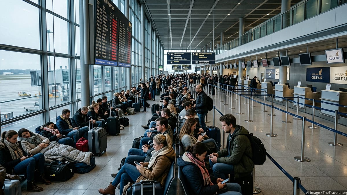 Stranded passengers queue and rest on the floor in a crowded European airport departures hall.