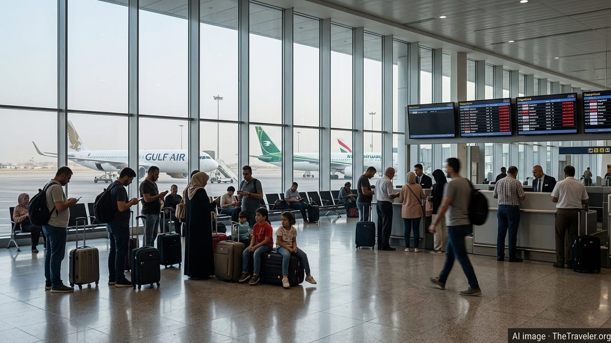 Crowded airport departure hall in Baghdad with passengers watching a board of cancelled flights.