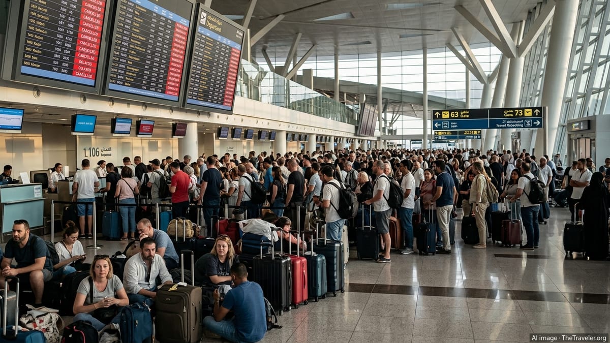 Crowded Gulf airport terminal with stranded passengers under departure boards showing multiple cancelled flights.