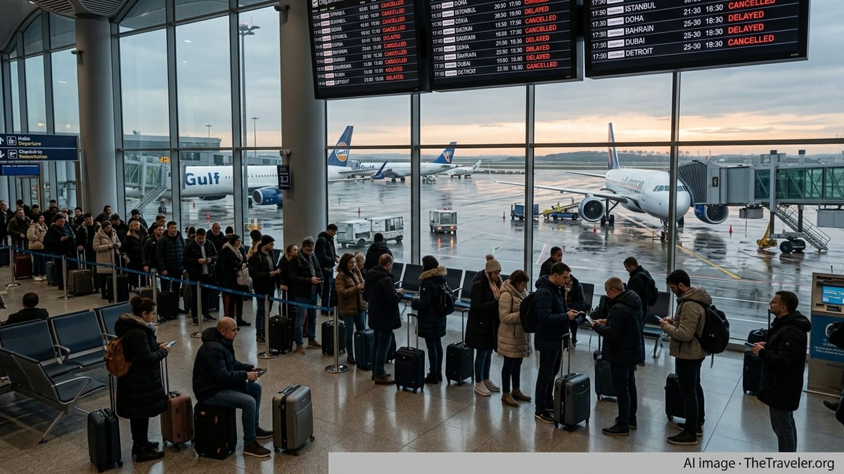 Travelers at Istanbul Airport watch a departure board showing multiple cancelled flights.