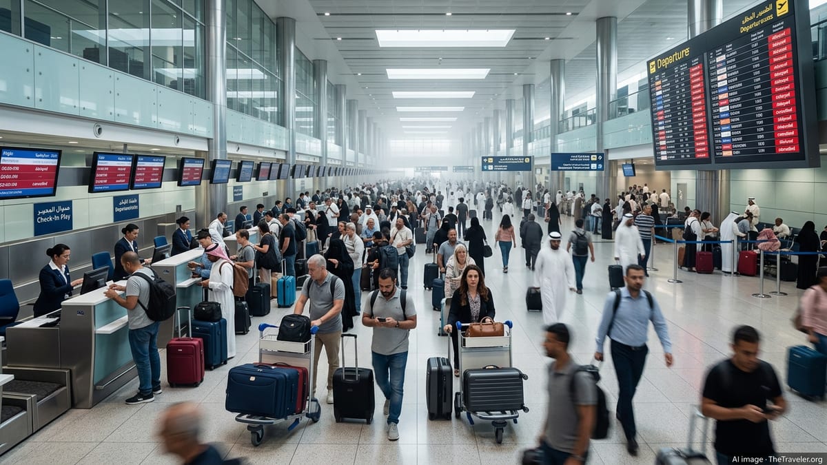 Crowded Gulf airport terminal with grounded jets outside and departure boards showing cancelled and delayed flights.