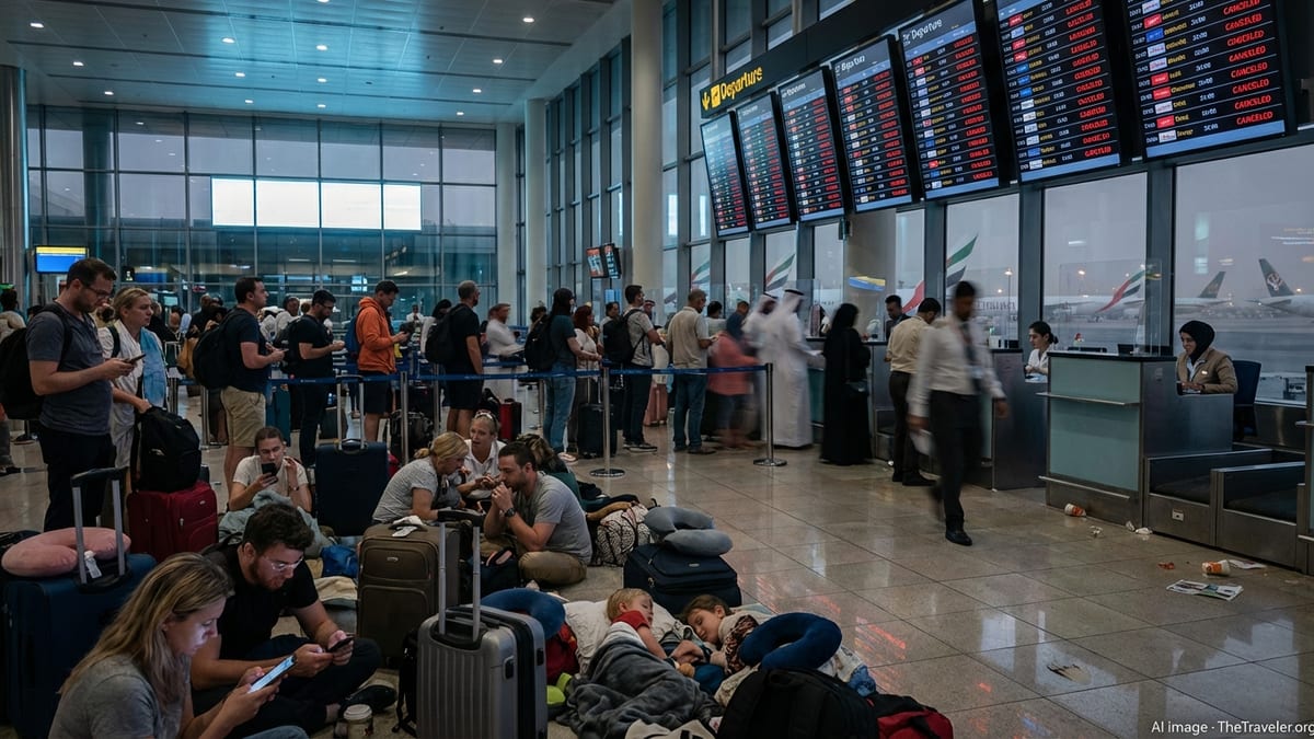 Stranded tourists crowd a Gulf airport departure hall under canceled flight boards.