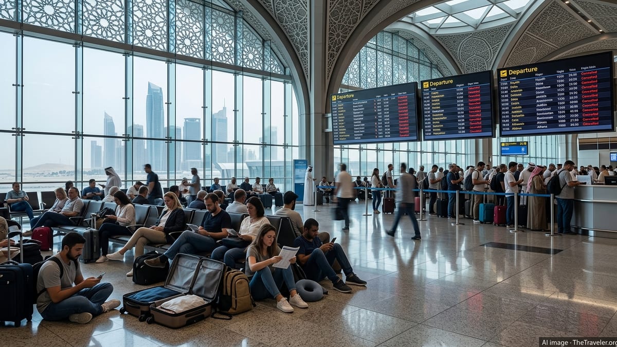 Stranded passengers waiting under departure boards listing cancelled Gulf flights.