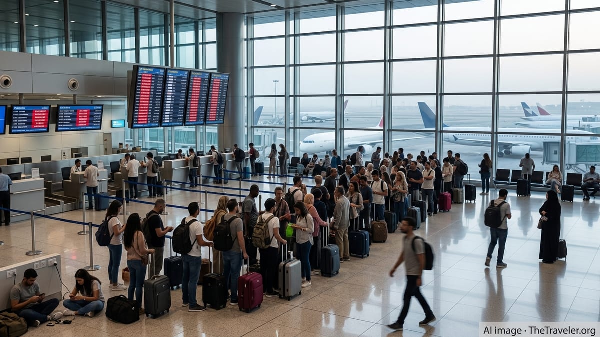 Crowded Gulf airport terminal with stranded passengers queuing beneath departure boards showing cancelled and delayed flights
